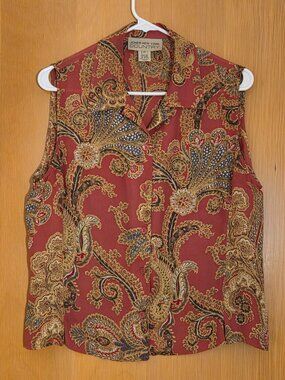 Vintage Jones New York Country 100% Silk Paisley Blouse Womens L Sleeveless 90s